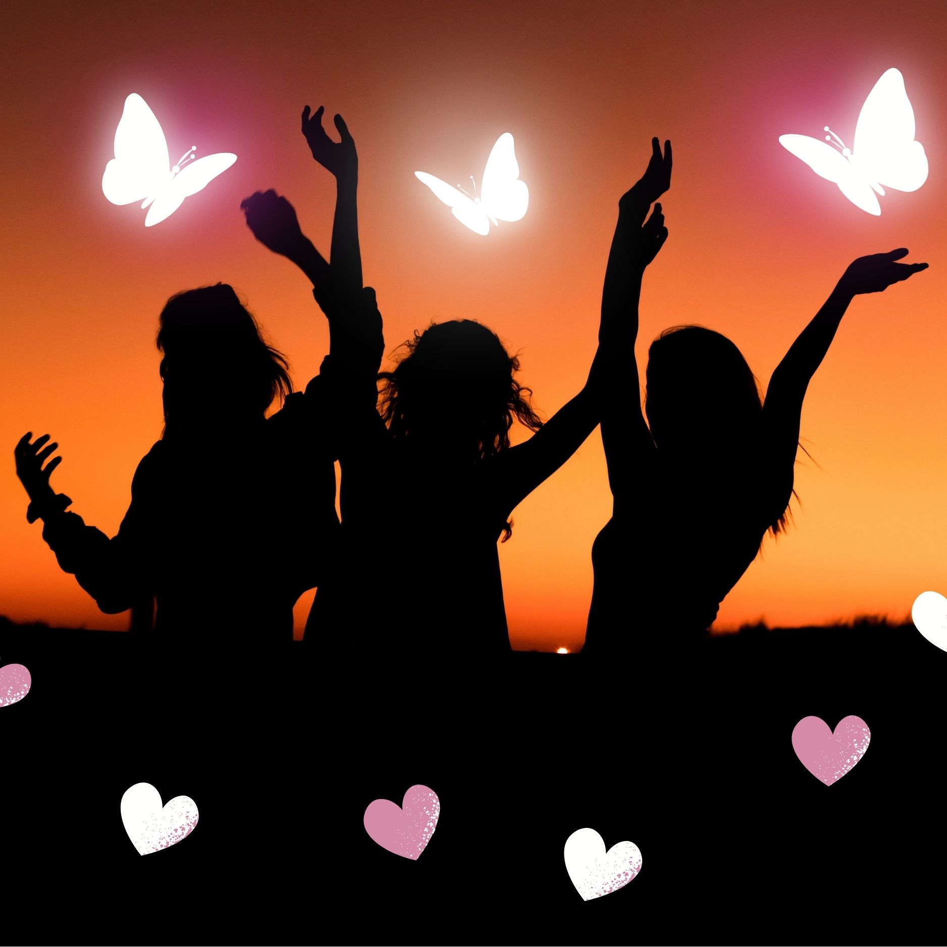 Silhouette of three women dancing with neon butterflies and hearts in front